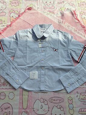 Thom Browne Long Sleeved Shirt With Puppy Embroidery And Four Stripes